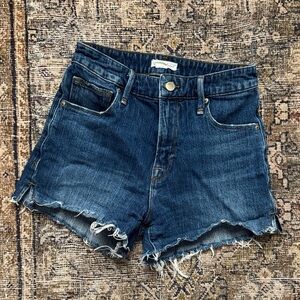 Good American Dark Blue Frayed Hem Denim Shorts